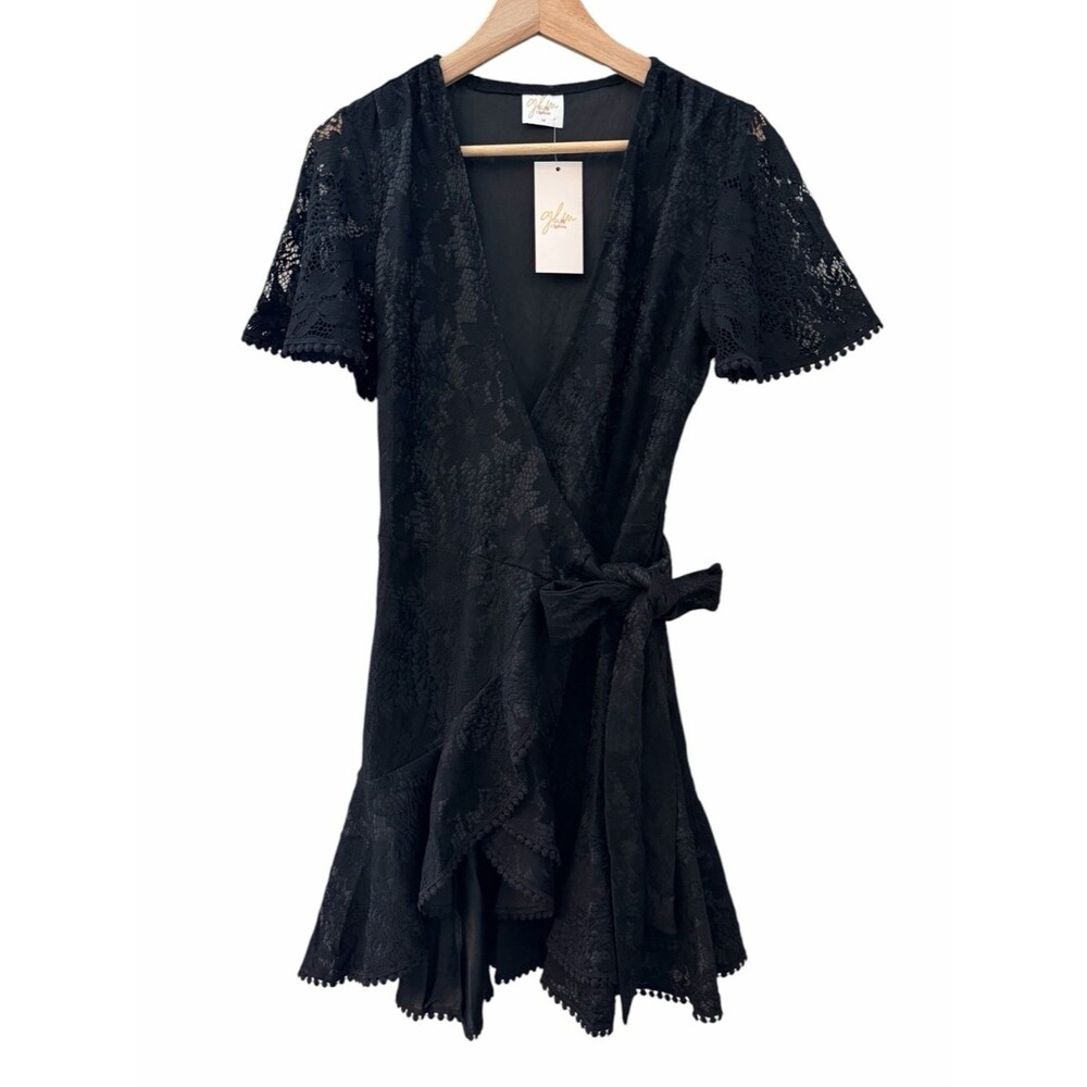 GLM Black Floral Lace Mesh V Neck Wrap Flutter Slv Mini Dress Sz M Pom Pom Trim